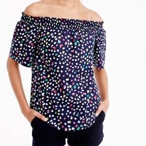 J. Crew Ratti Happy Cat Navy Dot Print Off the Shoulder 100% Cotton Top